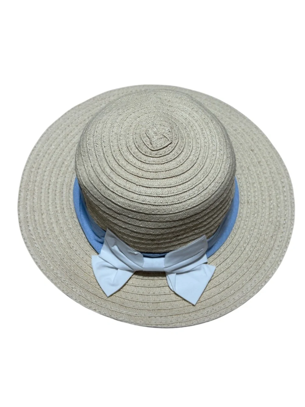 Tahari Kids Girls Straw Sun Hat Blue Ribbon White Bow Beach Easter‎ | One Size
